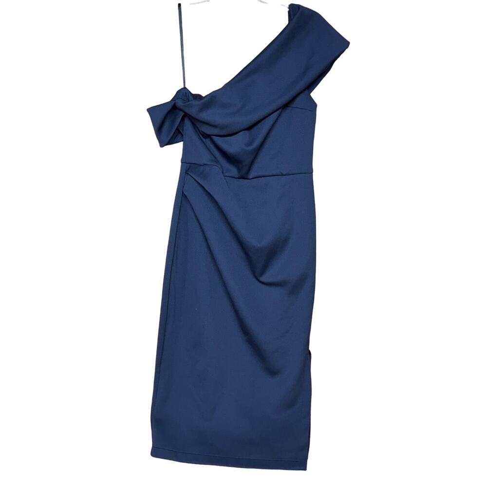 Asos Navy Blue Stretch Satin One Shoulder Side Zip Midi Formal Dress Women 10